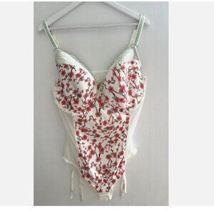 GOK WAN Floral Full Body Corset Bodysuit & Garter Satin/Mesh Slimming US 44G